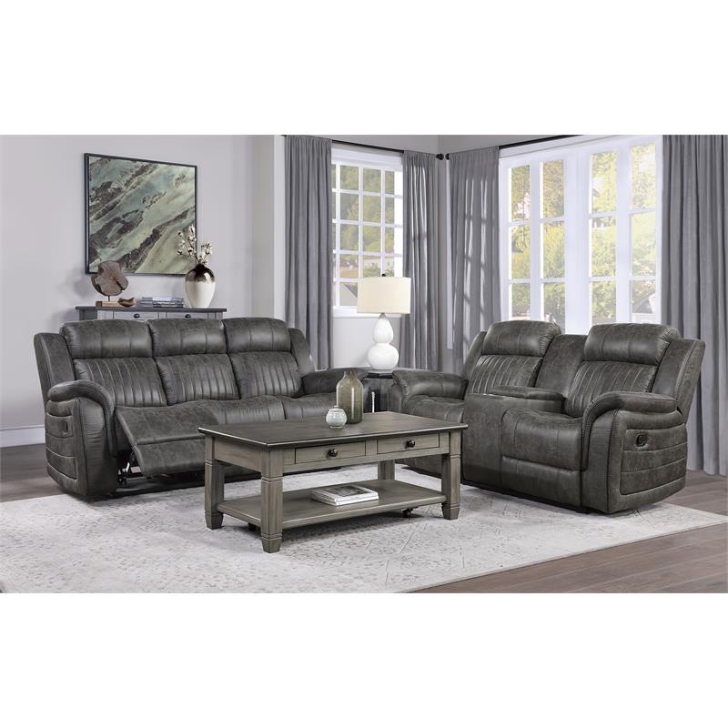 Pemberly Row Transitional Microfiber Double Reclining Loveseat in Gray
