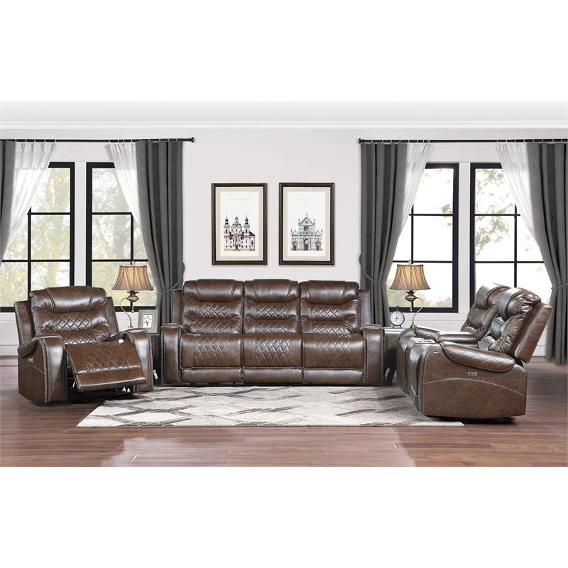 Pemberly Row Traditional Microfiber Power Reclining Chair in Brown