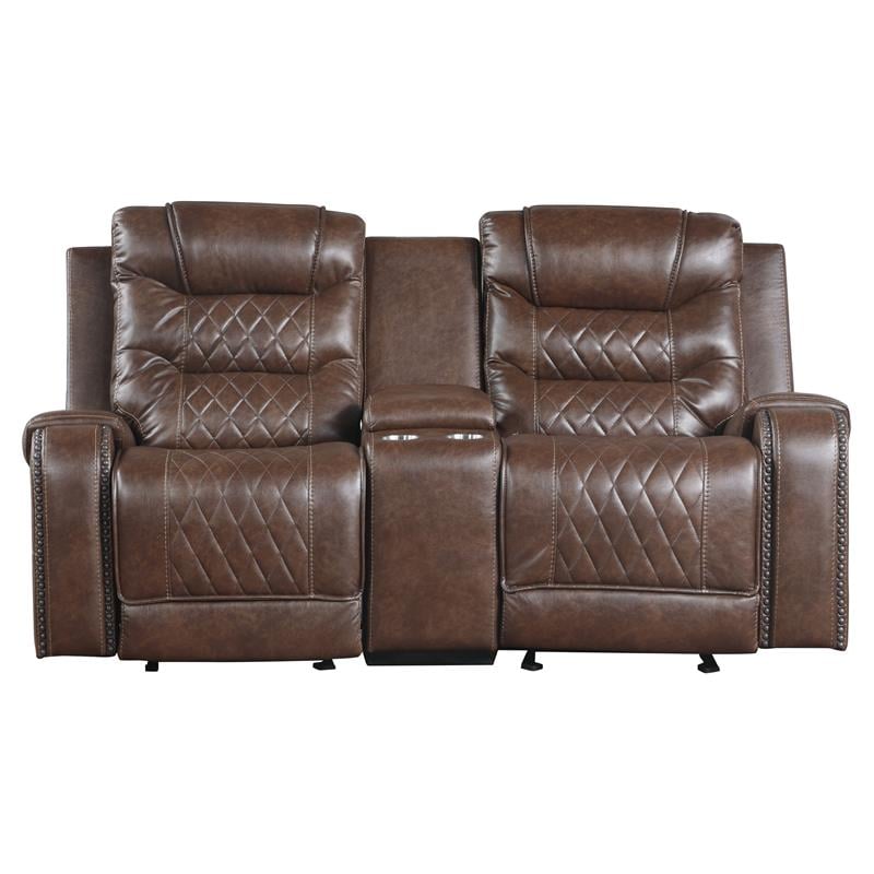 Pemberly Row Traditional Microfiber Double Glider Reclining Loveseat in Brown