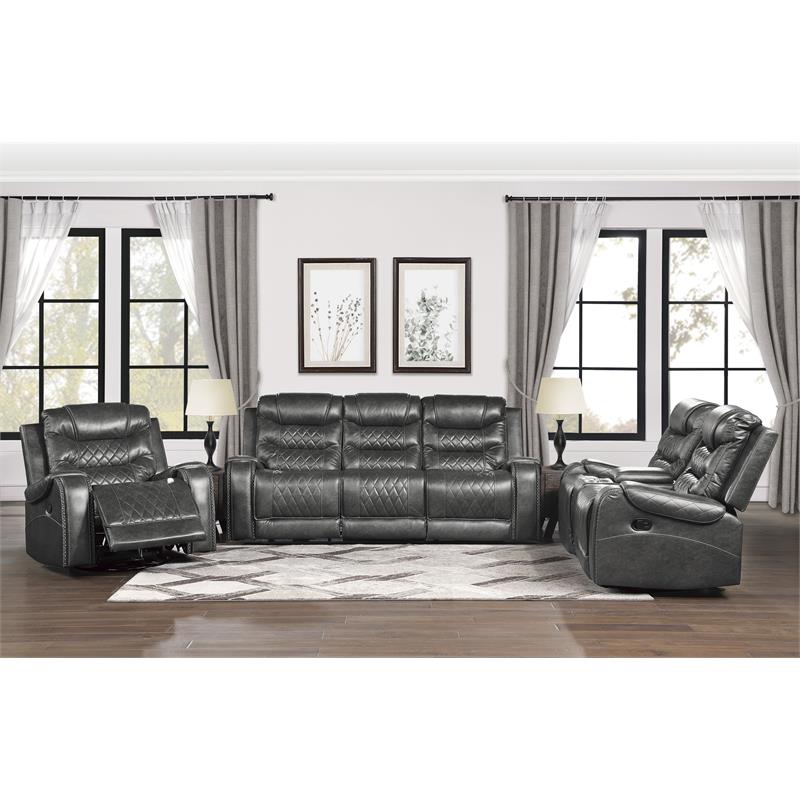 Pemberly Row Traditional Microfiber Double Glider Reclining Loveseat in Gray