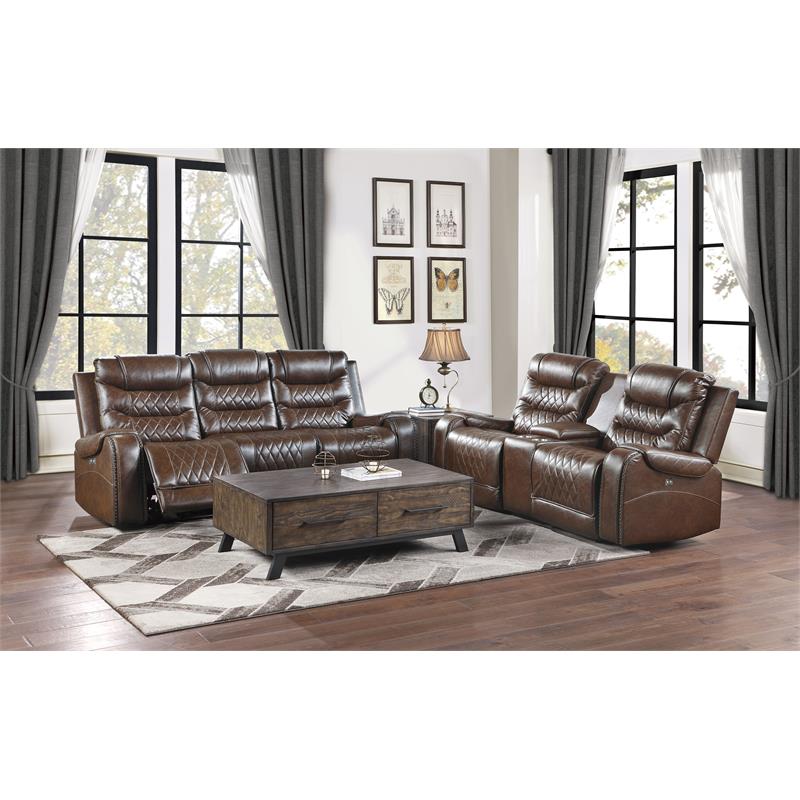 Pemberly Row Traditional Microfiber Power Double Reclining Loveseat in Brown
