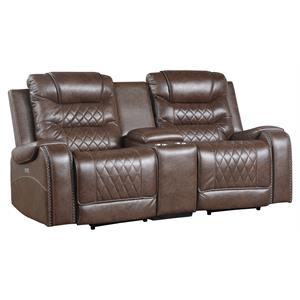 Pemberly Row Traditional Microfiber Power Double Reclining Loveseat in Brown