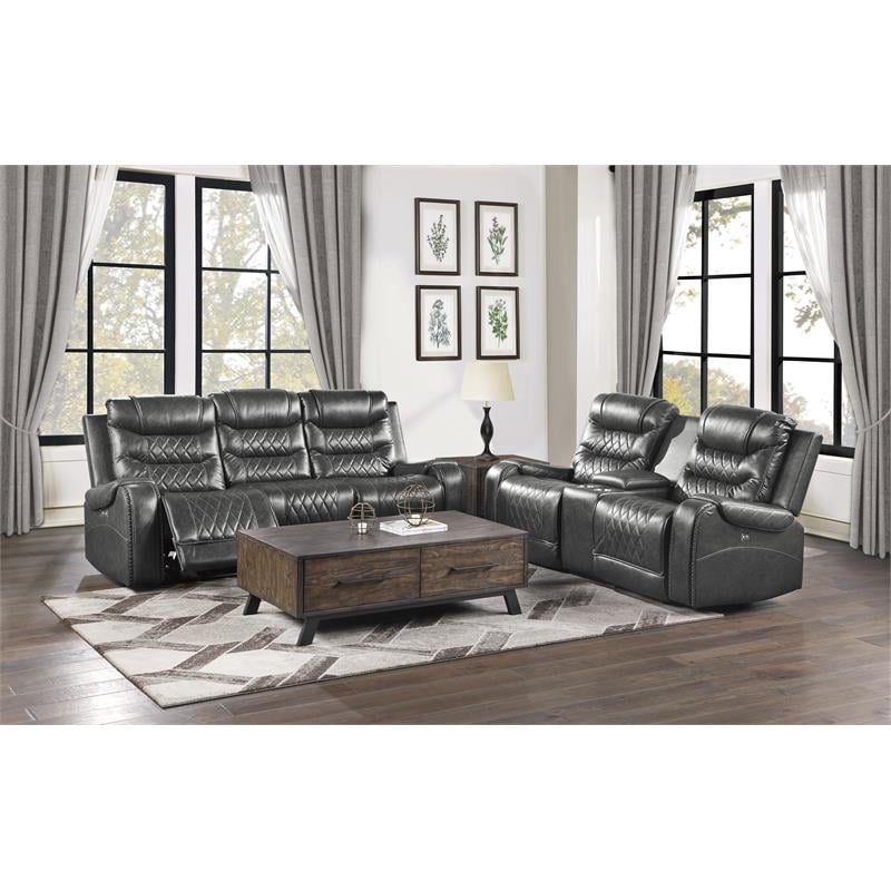Pemberly Row Power Double Reclining Loveseat with Center Console in Gray