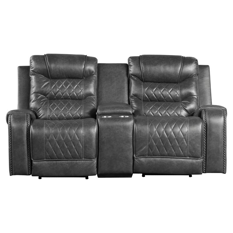 Pemberly Row Power Double Reclining Loveseat with Center Console in Gray