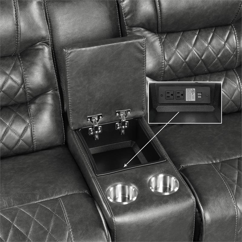 Pemberly Row Power Double Reclining Loveseat with Center Console in Gray