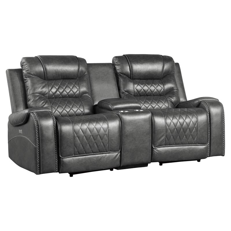 Pemberly Row Power Double Reclining Loveseat with Center Console in Gray