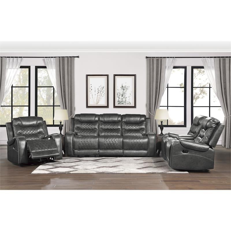 Pemberly Row Double Reclining Sofa with Drop-Down Cup Holders in Gray