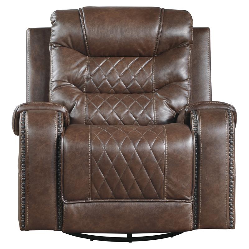 Pemberly Row Traditional Microfiber Swivel Glider Reclining Chair in Brown