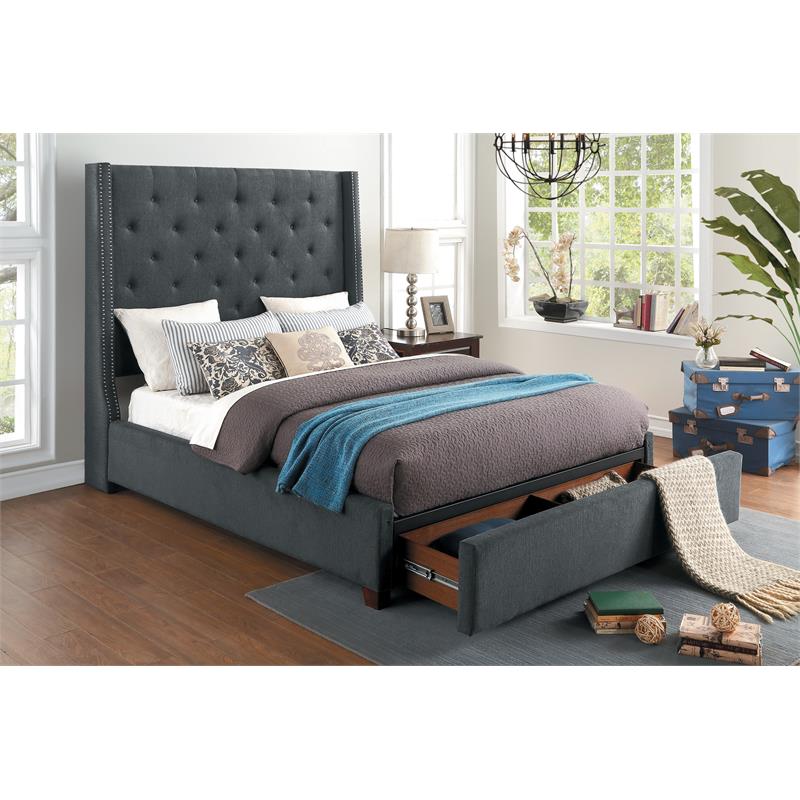Pemberly Row Fabric Full Bed with Storage Drawers in Gray
