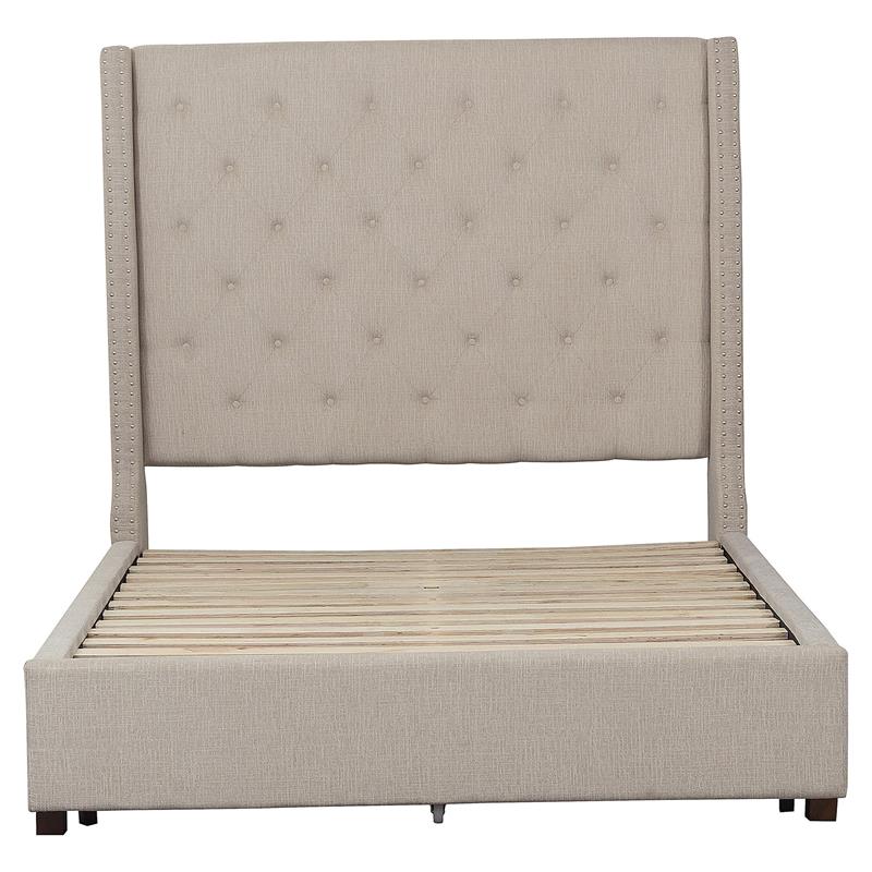 Pemberly Row Fabric Queen Bed with Storage Drawers in Beige