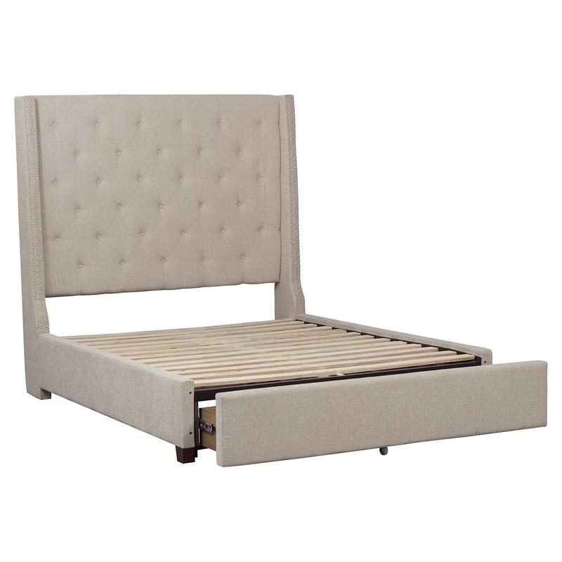 Pemberly Row Fabric Queen Bed with Storage Drawers in Beige