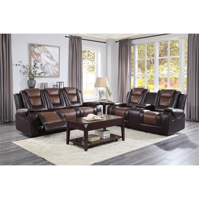 Pemberly Row Traditional Faux Leather Double Glider Reclining Loveseat in Brown