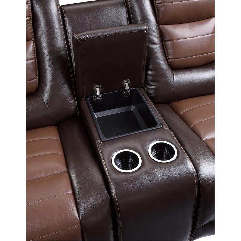 Pemberly Row Traditional Faux Leather Double Glider Reclining Loveseat in Brown