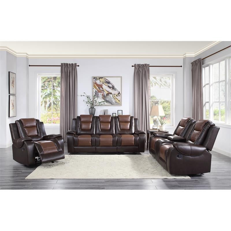 Pemberly Row Traditional Faux Leather Double Glider Reclining Loveseat in Brown