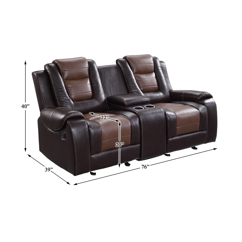 Pemberly Row Traditional Faux Leather Double Glider Reclining Loveseat in Brown