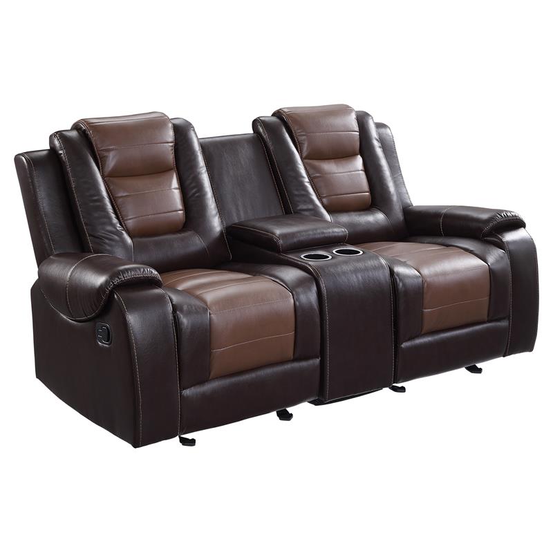 Pemberly Row Traditional Faux Leather Double Glider Reclining Loveseat in Brown