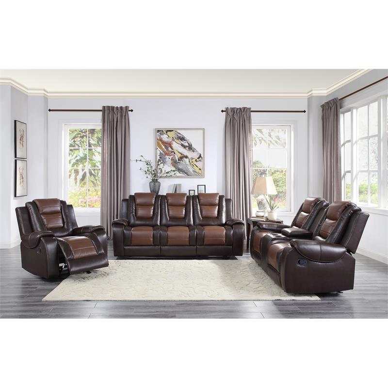 Pemberly Row Double Reclining Sofa with Drop-Down Cup Holder in 2-Tone Brown