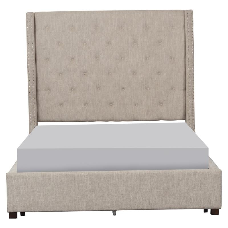 Pemberly Row Fabric Eastern King Bed with Storage Drawers in Beige