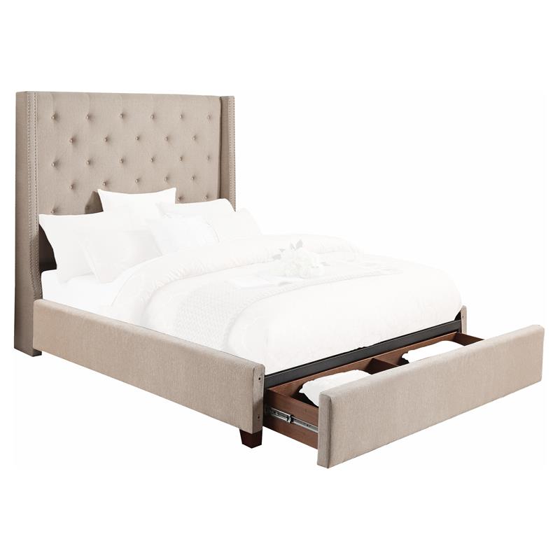 Pemberly Row Transitional Fabric California King Bed w/ Storage Drawers in Beige
