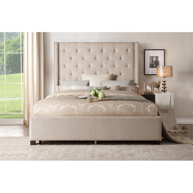 Pemberly Row Transitional Fabric California King Bed w/ Storage Drawers in Beige