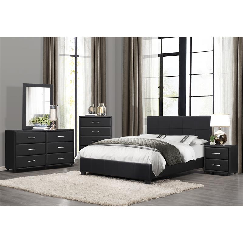 Pemberly Row Contemporary Wood and Faux Leather Full Bed in Black