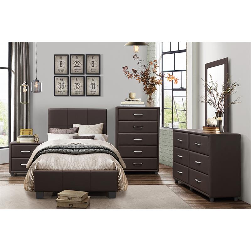 Pemberly Row Contemporary Wood and Faux Leather Twin Bed in Dark Brown