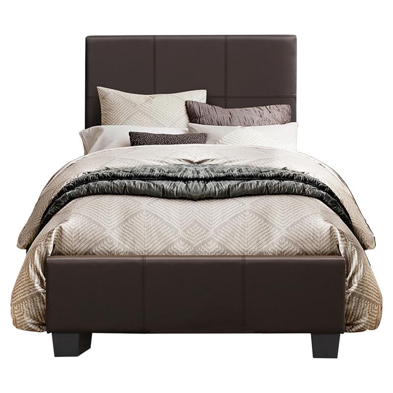 Pemberly Row Contemporary Wood and Faux Leather Twin Bed in Dark Brown