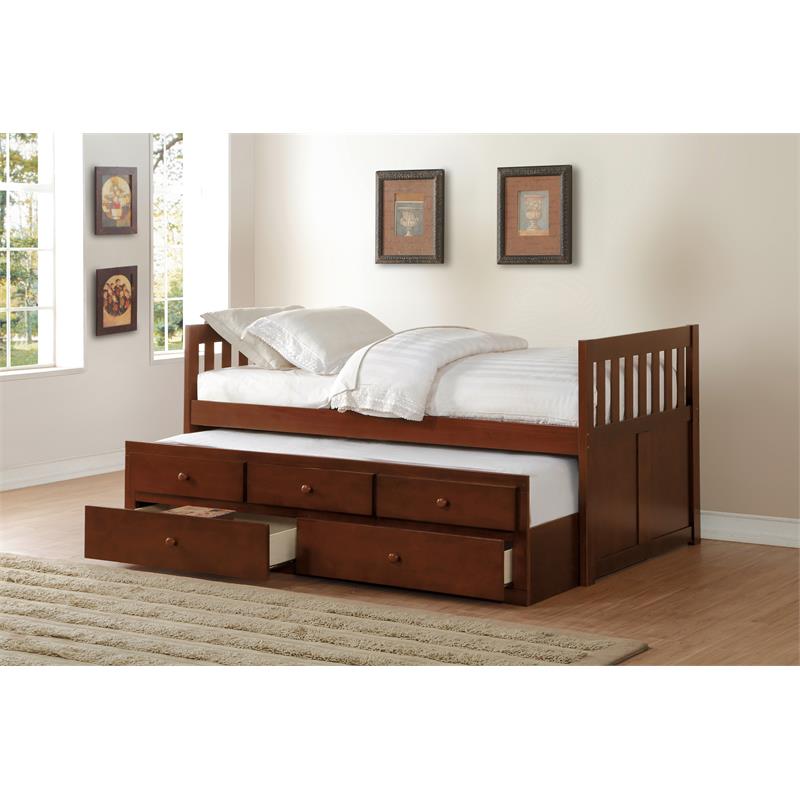 Pemberly Row 2-Drawers Wood Twin over Twin Trundle Bed in Dark Cherry