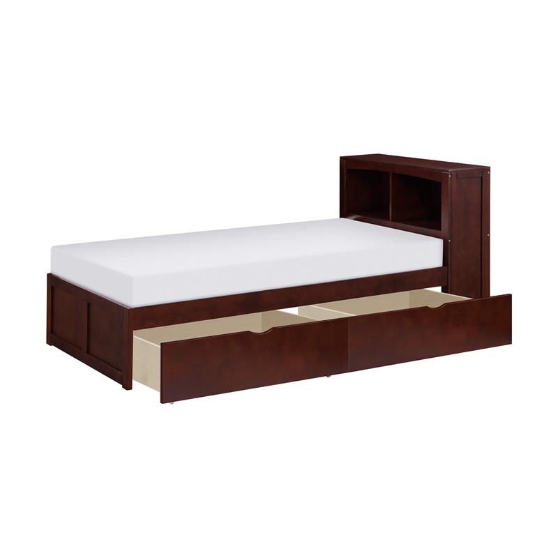 Pemberly Row Transitional Wood Twin Bookcase Bed with Boxes in Dark Cherry