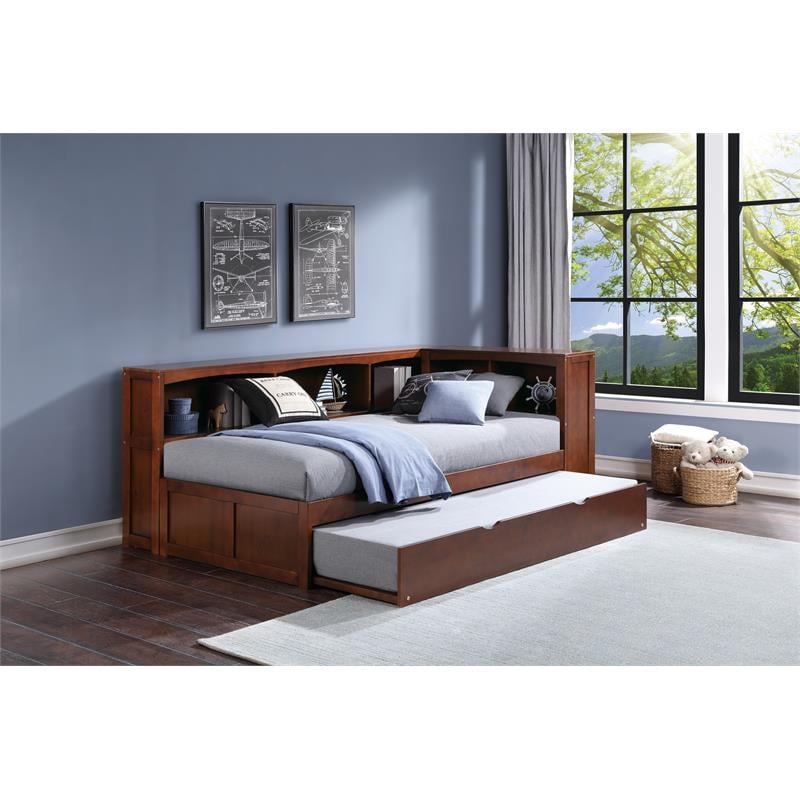 Pemberly Row 5-Shelf Wood Twin Bookcase Corner Bed with Trundle in Dark Cherry
