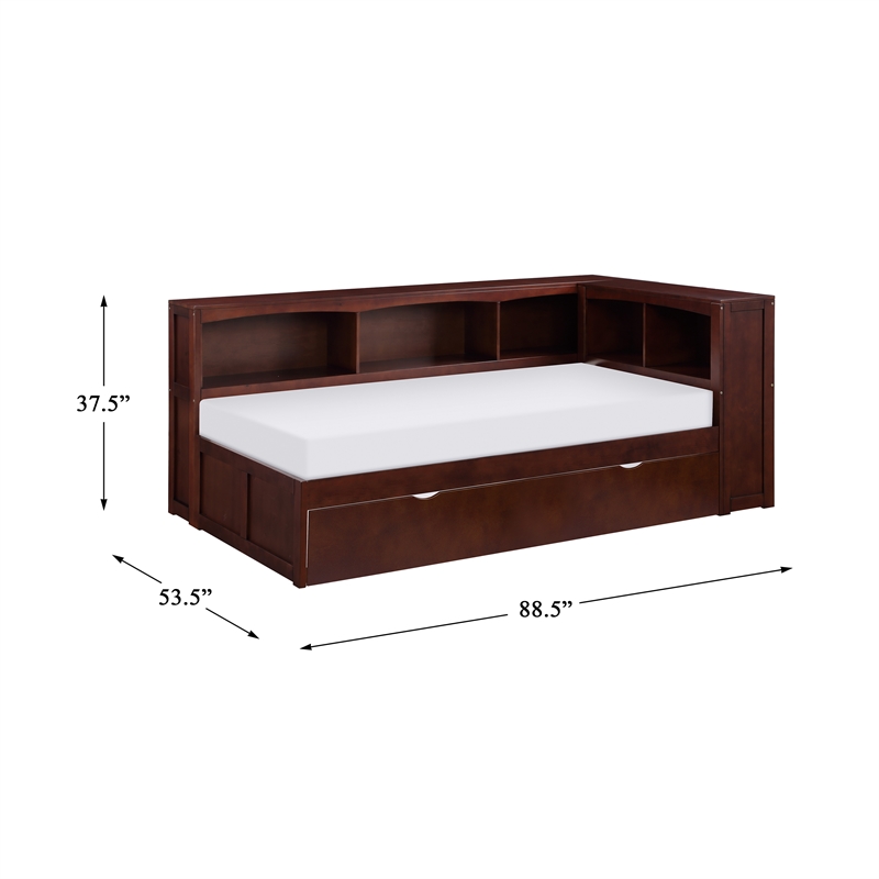 Pemberly Row 5-Shelf Wood Twin Bookcase Corner Bed with Trundle in Dark Cherry