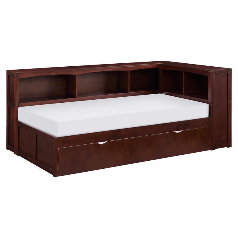 Pemberly Row 5-Shelf Wood Twin Bookcase Corner Bed with Trundle in Dark Cherry