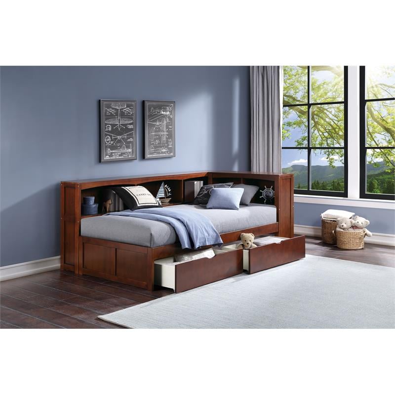 Pemberly Row Wood Twin Bookcase Corner Bed with Storage Boxes in Dark Cherry