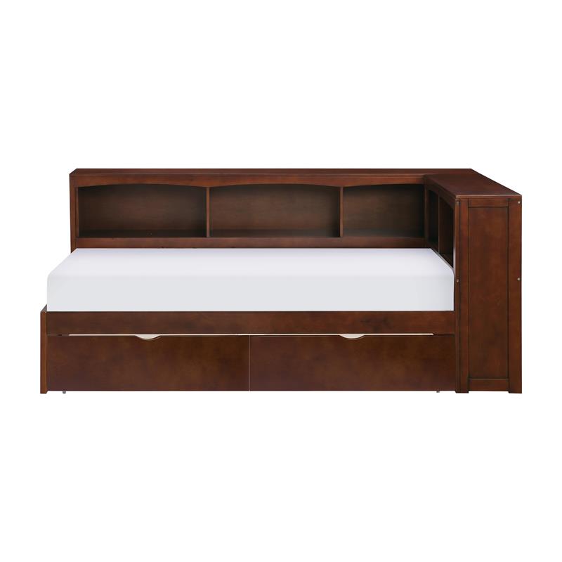 Pemberly Row Wood Twin Bookcase Corner Bed with Storage Boxes in Dark Cherry