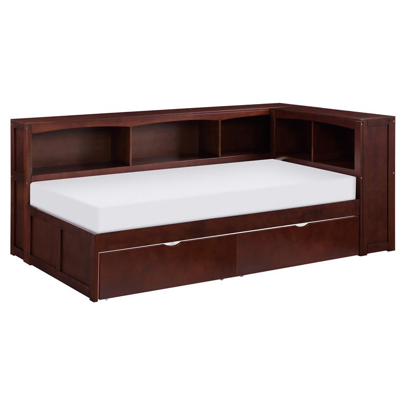 Pemberly Row Wood Twin Bookcase Corner Bed with Storage Boxes in Dark Cherry