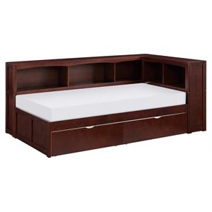Pemberly Row Wood Twin Bookcase Corner Bed with Storage Boxes in Dark Cherry