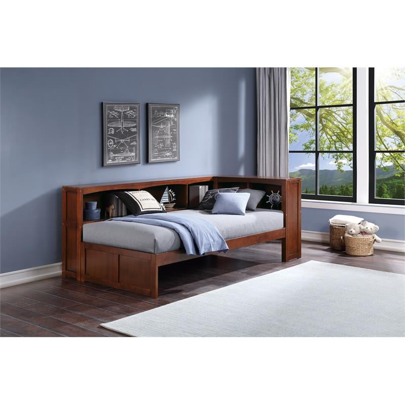 Pemberly Row 5-Shelf Transitional Wood Twin Bookcase Corner Bed in Dark Cherry