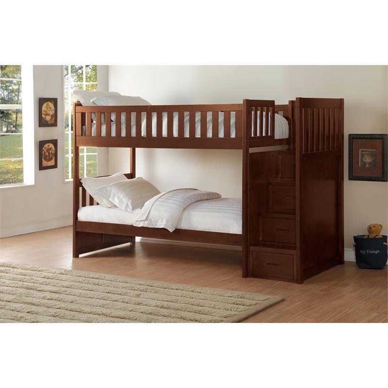 Pemberly Row Reversible Step Storage Wood Bunk Bed in Dark Cherry
