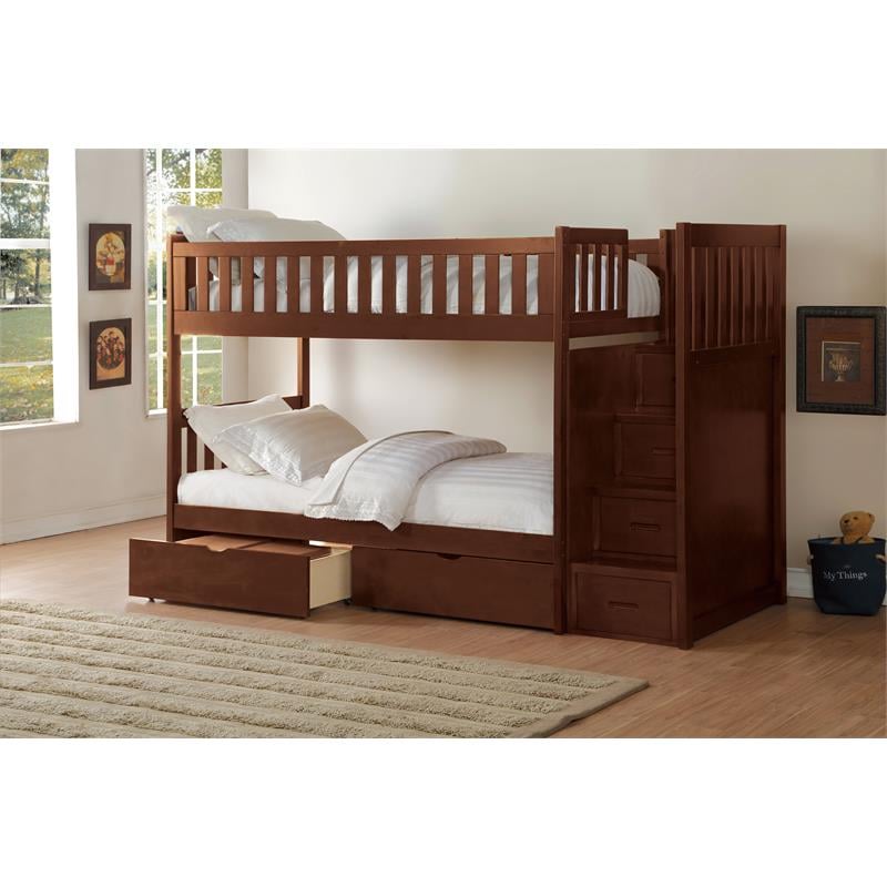 Pemberly Row Reversible Step Storage Wood Bunk Bed with Storage Boxes in Cherry
