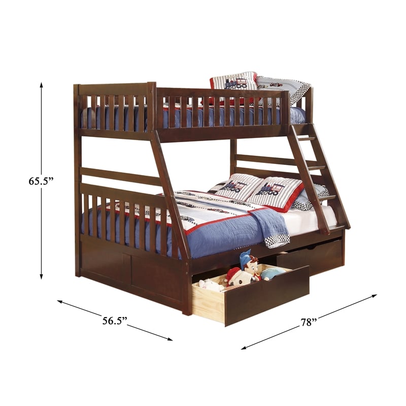 Pemberly Row Wood Twin over Full Bunk Bed with Storage Boxes in Dark Cherry
