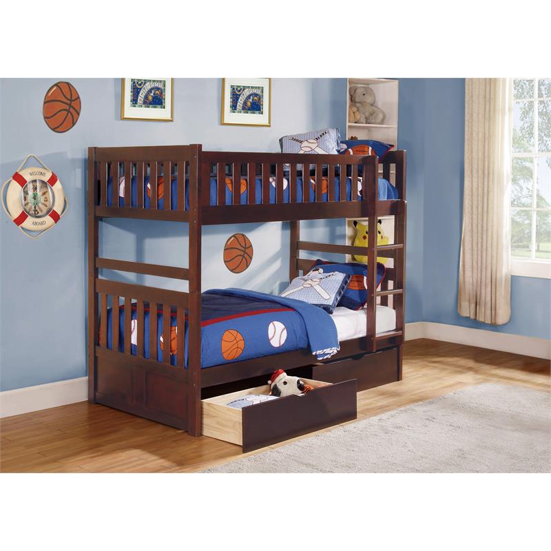 Pemberly Row Wood Twin over Twin Bunk Bed with Storage Boxes in Dark Cherry
