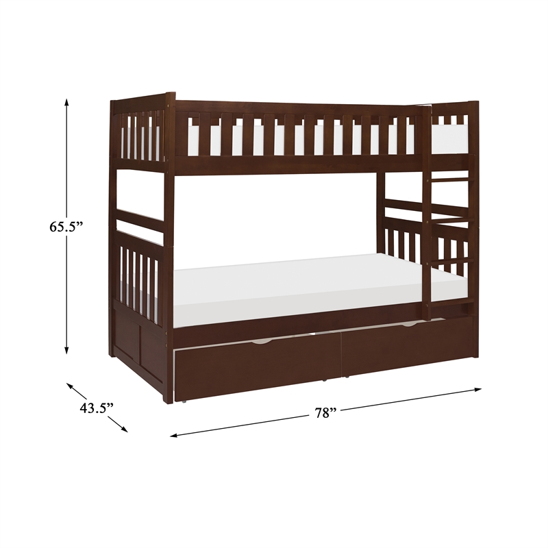 Pemberly Row Wood Twin over Twin Bunk Bed with Storage Boxes in Dark Cherry