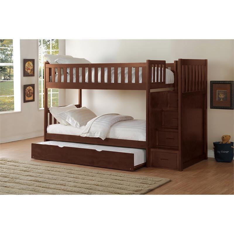 Pemberly Row Reversible Step Storage Wood Bunk Bed with Trundle Bed in Cherry