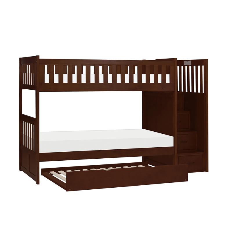Pemberly Row Reversible Step Storage Wood Bunk Bed with Trundle Bed in Cherry
