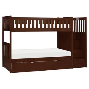Pemberly Row Reversible Step Storage Wood Bunk Bed with Trundle Bed in Cherry