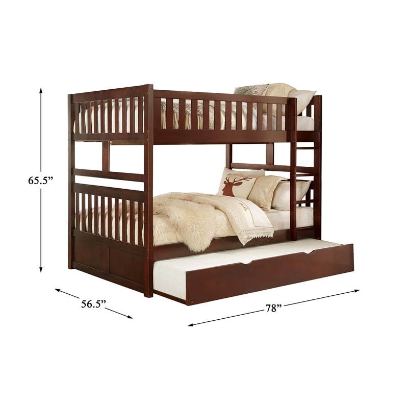 Pemberly Row Wood Full over Full Bunk Bed with Trundle Bed in Dark Cherry