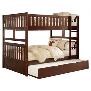 Pemberly Row Wood Full over Full Bunk Bed with Trundle Bed in Dark Cherry