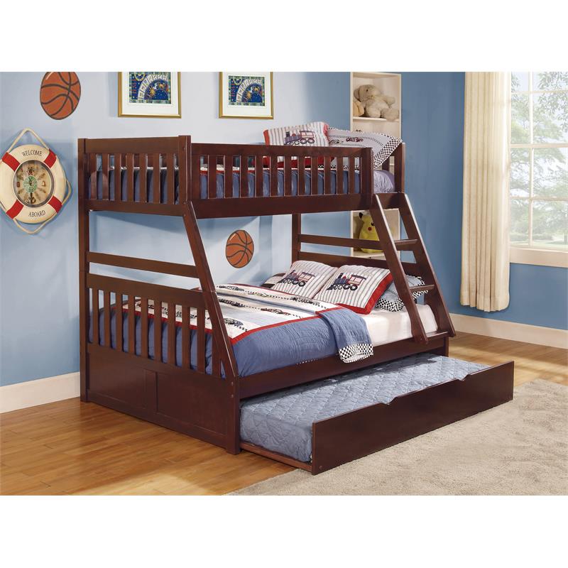 Pemberly Row Transitional Wood Twin over Full Bunk Bed with Trundle in Cherry