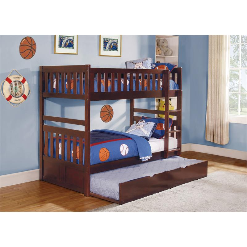 Pemberly Row Wood Twin over Twin Bunk Bed with Trundle Bed in Dark Cherry