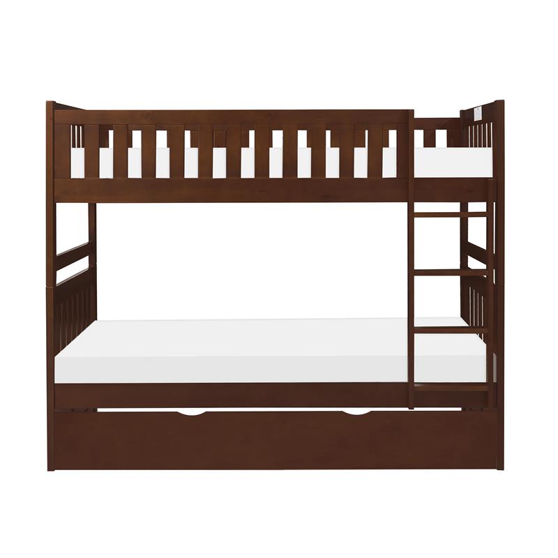 Pemberly Row Wood Twin over Twin Bunk Bed with Trundle Bed in Dark Cherry